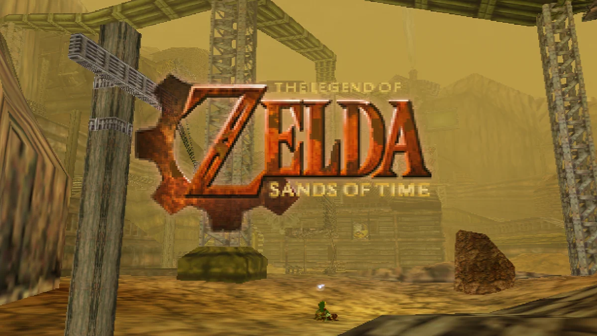 Titelbild von Zelda: Sands of Time mit rostigem Zahnrad-Logo über einer staubigen Industriestadt