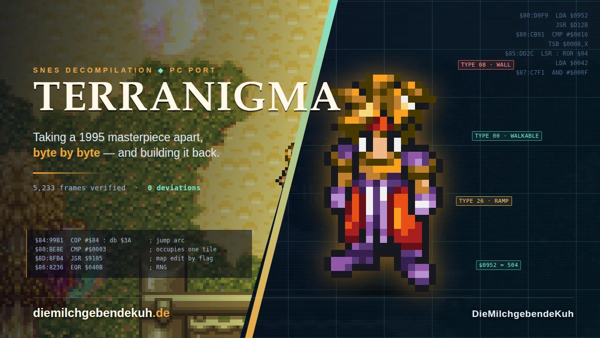Terranigma title card: SNES decompilation and PC port, with lines of disassembled code