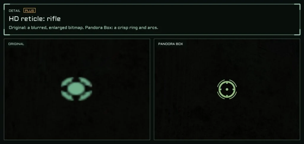 HD reticle: rifle (detail). The SC-20K reticle drawn at screen resolution: a centre ring with four arcs that spread while moving, instead of the enlarged original bitmap. Available with Plus.