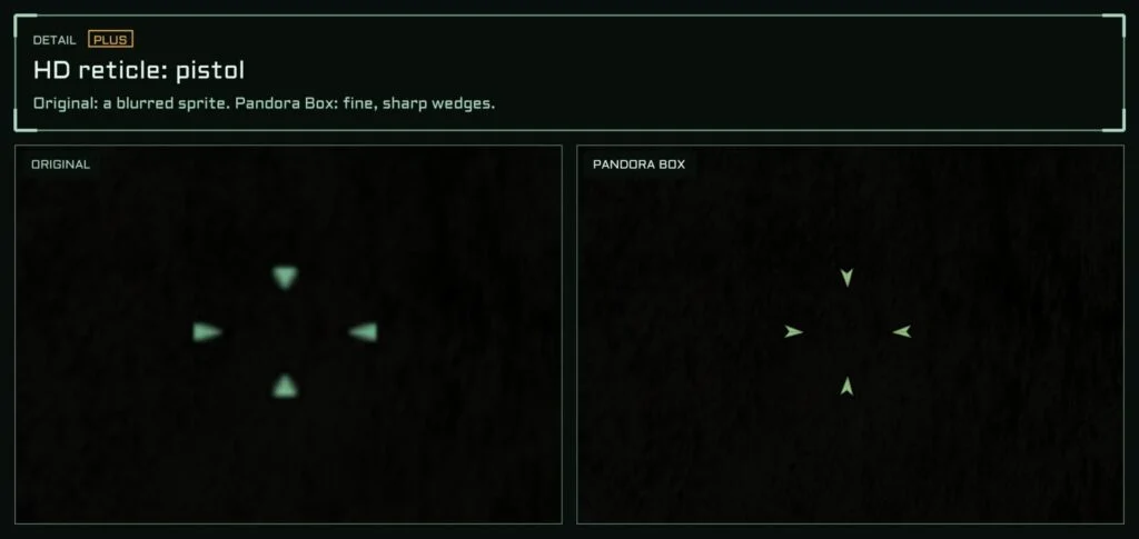 HD reticle: pistol (detail). Four fine wedges drawn at screen resolution instead of the enlarged original sprite. Available with Plus.