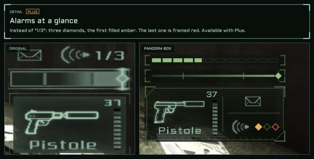 Modern HUD (detail). Light meter, health bar, weapon panel and messages in a slim layout at the screen edge, with HD fonts, HD symbols and a stylised backing. The alarm counter becomes a row of diamonds: one per alarm the mission allows, filled amber once raised. Available with Plus.