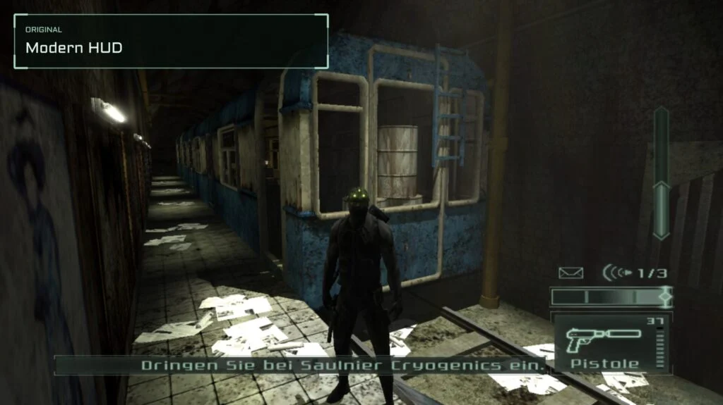 Modern HUD – Original. Light meter, health bar, weapon panel and messages in a slim layout at the screen edge, with HD fonts, HD symbols and a stylised backing. The alarm counter becomes a row of diamonds: one per alarm the mission allows, filled amber once raised. Available with Plus.