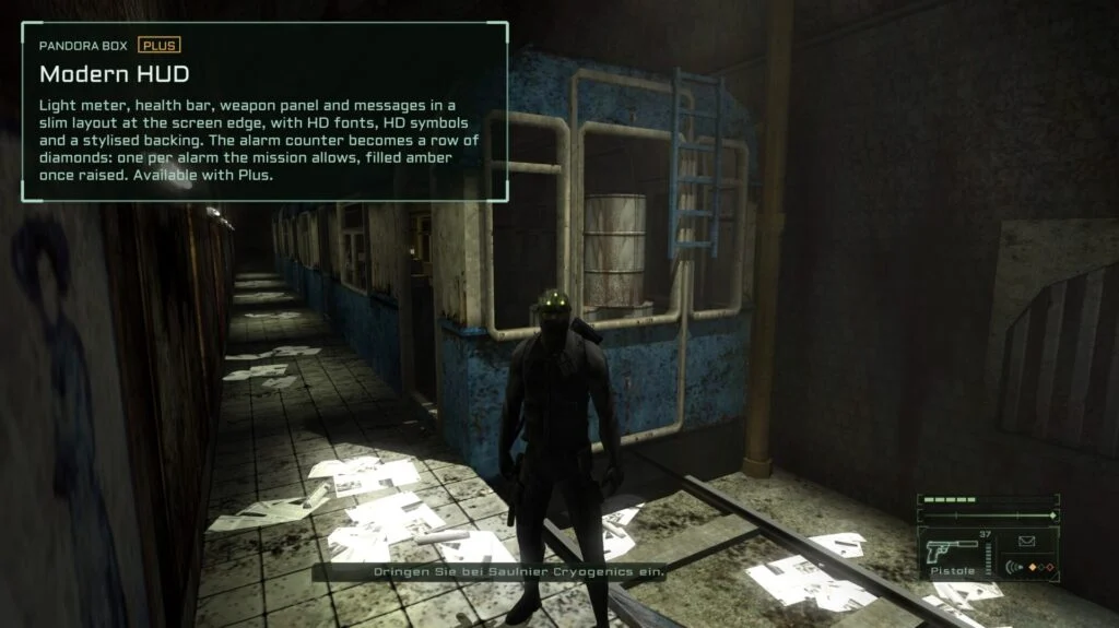 Modern HUD – Pandora Box. Light meter, health bar, weapon panel and messages in a slim layout at the screen edge, with HD fonts, HD symbols and a stylised backing. The alarm counter becomes a row of diamonds: one per alarm the mission allows, filled amber once raised. Available with Plus.
