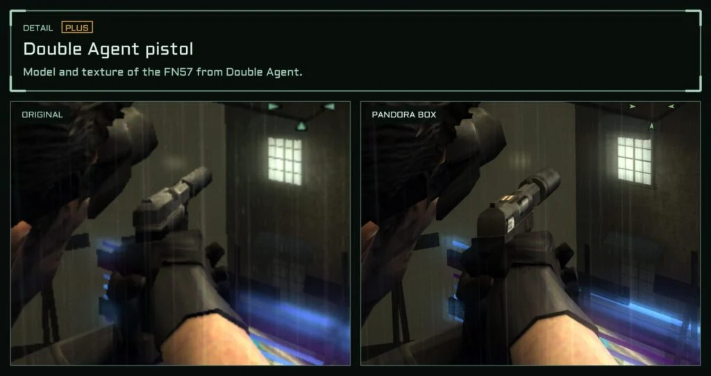 Double Agent pistol (detail). Sam's FN57 from Splinter Cell Double Agent replaces the original pistol: model and texture. Needs your own copy of Double Agent. Available with Plus.