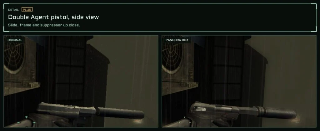 Double Agent pistol, side view (detail). The FN57 seen with the free camera (F3, a free test key). Available with Plus.