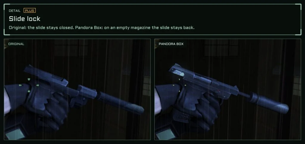 Slide lock (detail). The slide recoils with every shot and locks back when the magazine is empty. Available with Plus.