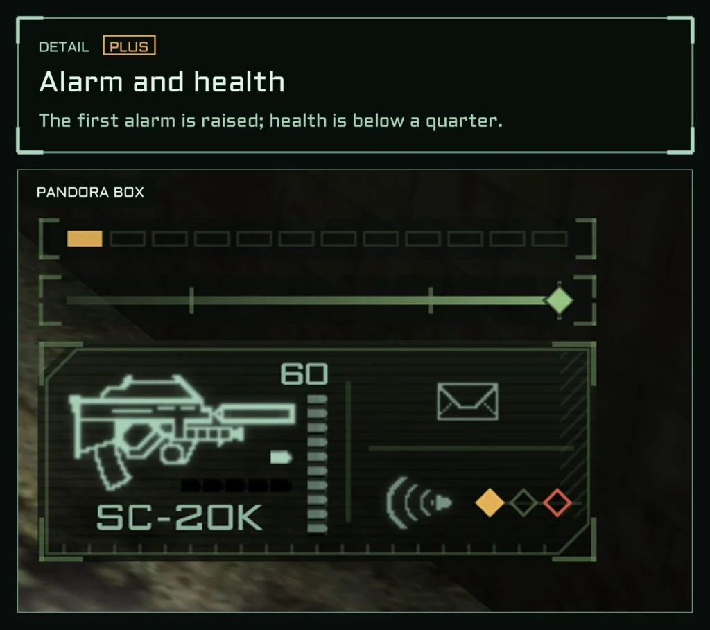Alarm and health (detail). One alarm raised: the first diamond is filled amber. Below a quarter, the health bar turns amber and pulses. Available with Plus.