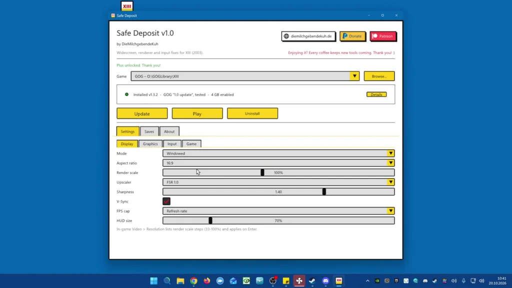 Safe Deposit launcher for XIII: install, update and display settings with FSR 1.0 upscaler and render scale