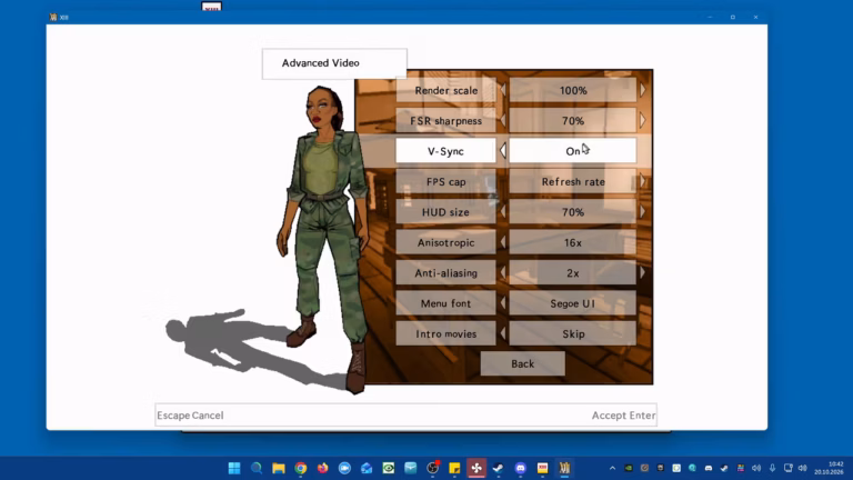 XIII advanced video menu: render scale, FSR sharpness, V-Sync, FPS cap, HUD size, anisotropic filtering and anti-aliasing